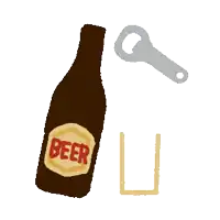 a drawing of a bottle of beer a glass and a bottle opener