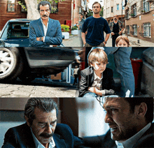 a man with a mustache stands next to a car and a boy