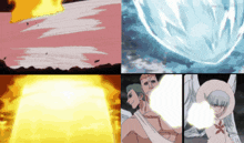 a collage of four images shows different types of explosions including fire and water