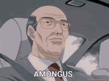 a man in a suit and tie is sitting in a car and says amongus