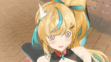 a close up of a anime girl with a swirl in her eye .