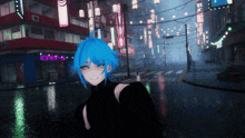 a girl with blue hair is standing in front of a building that says ' a ' on it
