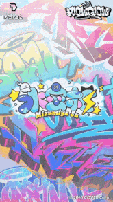 a colorful graffiti wall with the words mizumiya written on it