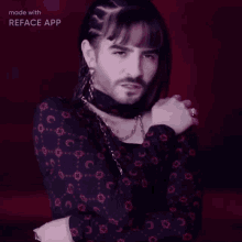 a man with a beard is wearing a choker and earrings and is made with reface app