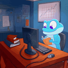 a blue lizard is reading a book in front of a computer