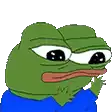 a green frog wearing a blue shirt is waving his hand .