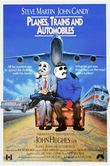 a poster for planes trains and automobiles shows two men sitting on a suitcase