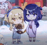 a couple of anime girls standing next to each other in the snow
