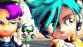 two cartoon characters are standing next to each other with one having blue hair