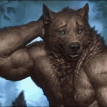 a muscular werewolf is scratching his head while standing in the dark .