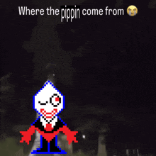 a pixel art drawing of a person with the words where the pippin come from below it