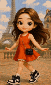 a little girl wearing a red dress and black and white nike shoes