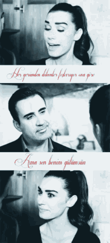 a black and white photo of a man and a woman with the words " ama sen benim gülümsan " on the bottom