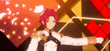 a red haired anime character in a white and gold uniform with his arms outstretched