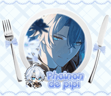 a white plate with a picture of a boy and the words phainon de pipi on the bottom