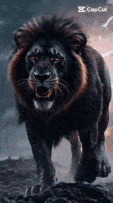 a black lion with orange eyes is walking on a rock with its mouth open