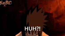 a cartoon character with a surprised look on his face and the words huh written below him