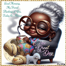 a picture of an older woman sitting in a chair with a cup of coffee