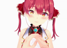 a girl with red hair is smiling and wearing a necklace with a turquoise pendant