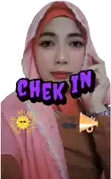 a woman wearing a pink hijab and a check in sticker