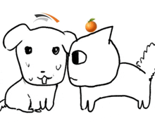 a black and white drawing of a dog and a cat with an orange on top of the cat 's head .