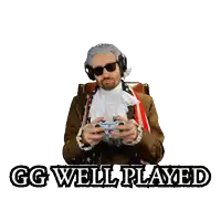 a man wearing headphones and a scarf with the words gg well played above him