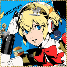a picture of a girl with a hamburger and the words aigis day on the bottom