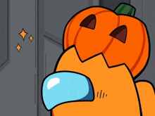 among us cartoon character with a pumpkin on his head