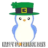 a penguin wearing a leprechaun hat holds shamrocks in front of a rainbow and the words happy st. patrick day