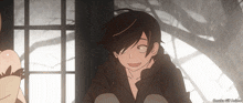 a cartoon of a boy sitting in front of a window with the word anime on the bottom right