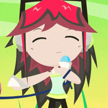 a cartoon of a girl singing into a microphone with headphones on