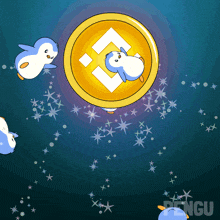 penguins are flying around a coin with the word pengu on the bottom right