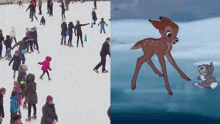 a picture of people ice skating next to a picture of a deer standing on ice