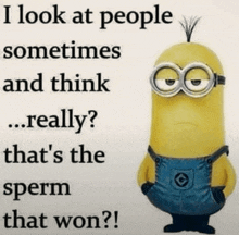 a picture of a minion that says i look at people sometimes and think really that 's the sperm that won !