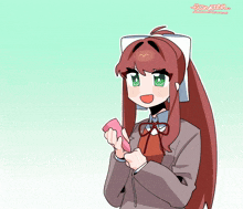a cartoon drawing of a girl with long brown hair and green eyes holding a card