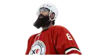 a hockey player with a beard wearing a red jersey with the number 8 on it