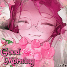 a picture of a girl with pink hair and glasses with the words good morning
