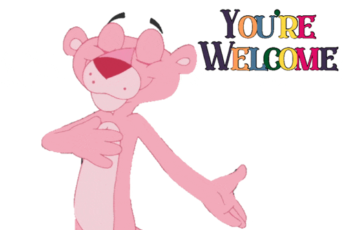 a pink panther is standing in front of a sign that reads 