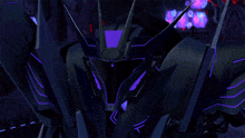 a close up of a robot with purple lights on it 's head