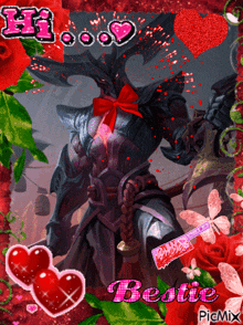 a picture of a man with a red bow and the word bestie on the bottom
