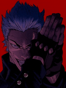 a drawing of a man with blue hair and a black jacket