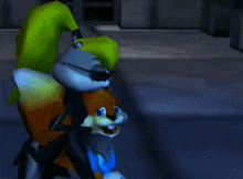 a cartoon character wearing sunglasses and a green tail is standing next to another cartoon character in a video game .