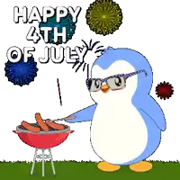 a penguin cooking hot dogs on a grill with fireworks in the background and the words happy 4th of july