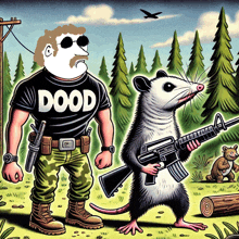 a cartoon of a man wearing a shirt that says dood standing next to a opossum holding a gun