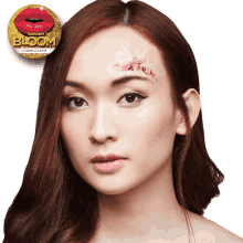 a woman with a sticker on her face that says season of bloom on it