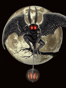 a moth with red eyes is sitting on a tree branch with a lantern hanging from it
