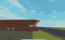 a computer generated image of a building with two gas pumps on the side of it