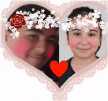 a picture of a man and a girl with flowers on their faces