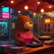 a cartoon drawing of a bear playing a record in front of a sign that says vivil baby