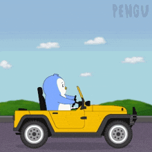 a cartoon of a penguin driving a yellow car with the word pengu on the bottom